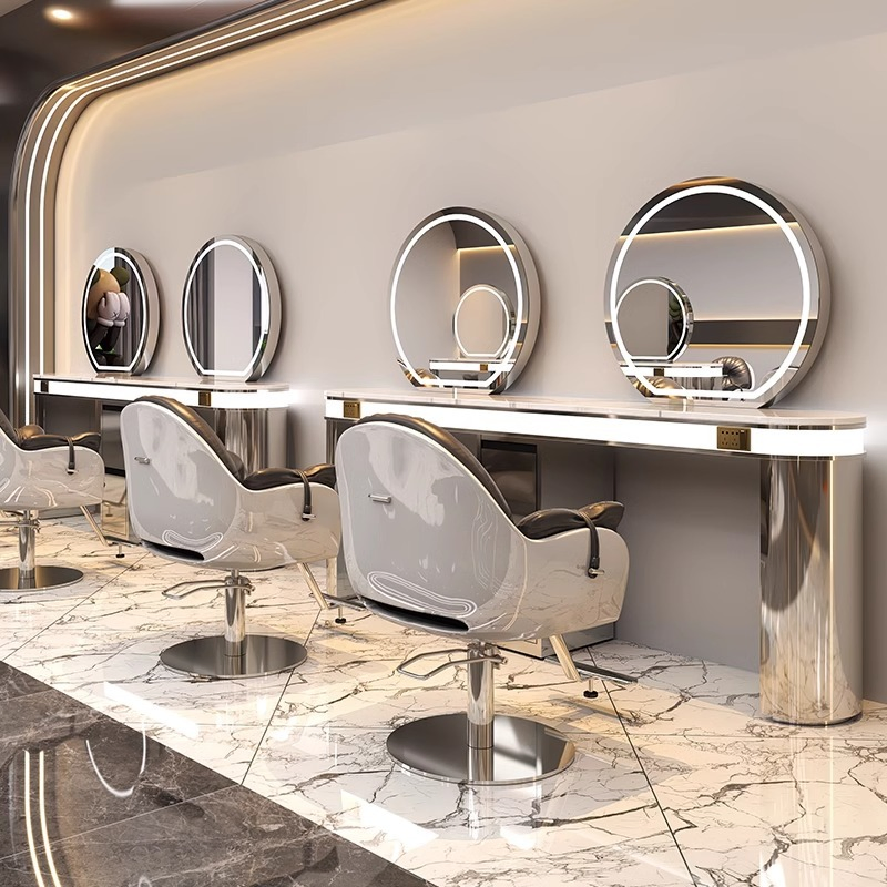 Stainless Steel Frame Hair Salon Equipment Barber Mirror Station with LED Light