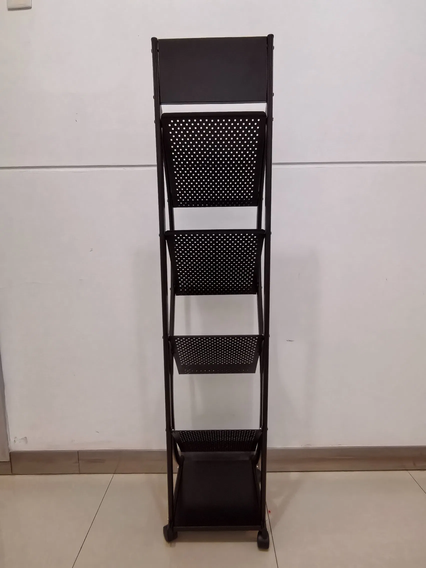 4-Tier Magazine Stand Iron Brochure Newspaper Display Rack with 4 Universal Wheels