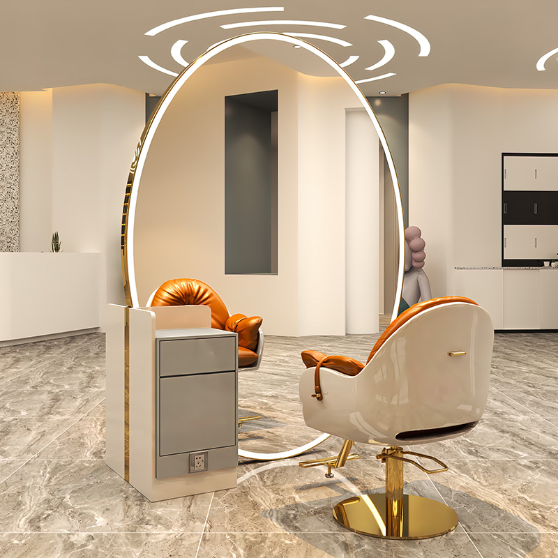 Salon Styling Mirrors Big Oval Double Sided Barber Station with LED Light