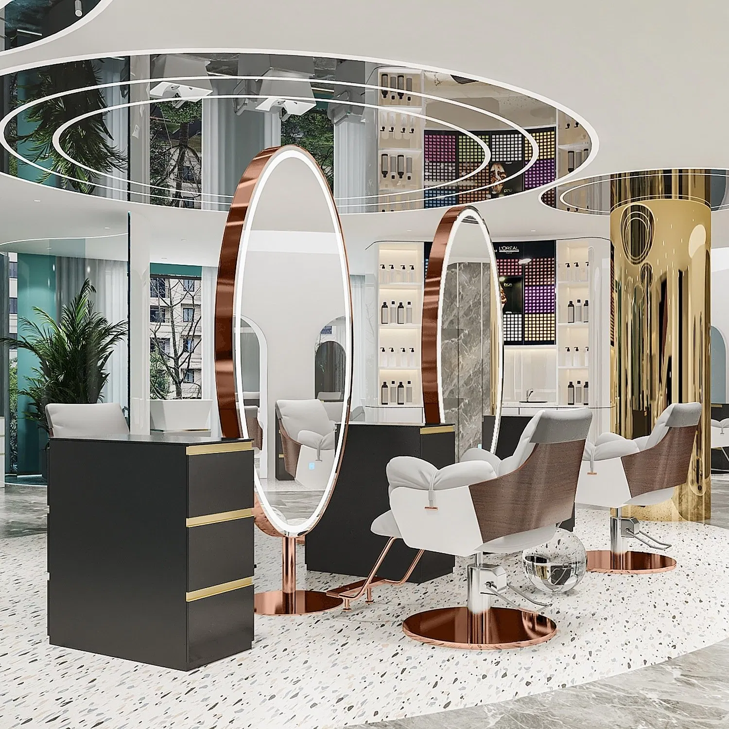 Factory Wholesale Modern Design Luxury Barber Beauty Salon Furniture Gold Mirrors Styling Station with LED
