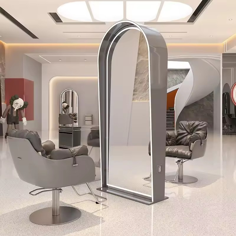 Luxury Modern Design Metal Mirror Barber Station Set LED Wall-Mounted Hair Salon Barber Mirror Stainless Steel Chair Wholesale