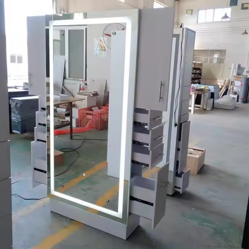 Salon Furniture Stainless Steel with LED Single Sided Standing Mirror Barber Shop