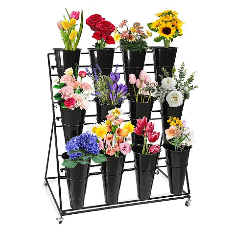 3 Layers Black Metal Plant Stand Flower Display Rack with Wheels