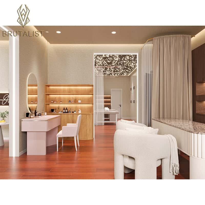 Customizable Hair Salon Furniture Beautiful Wooden LED Lighting Beauty Mirror Station Counter Display