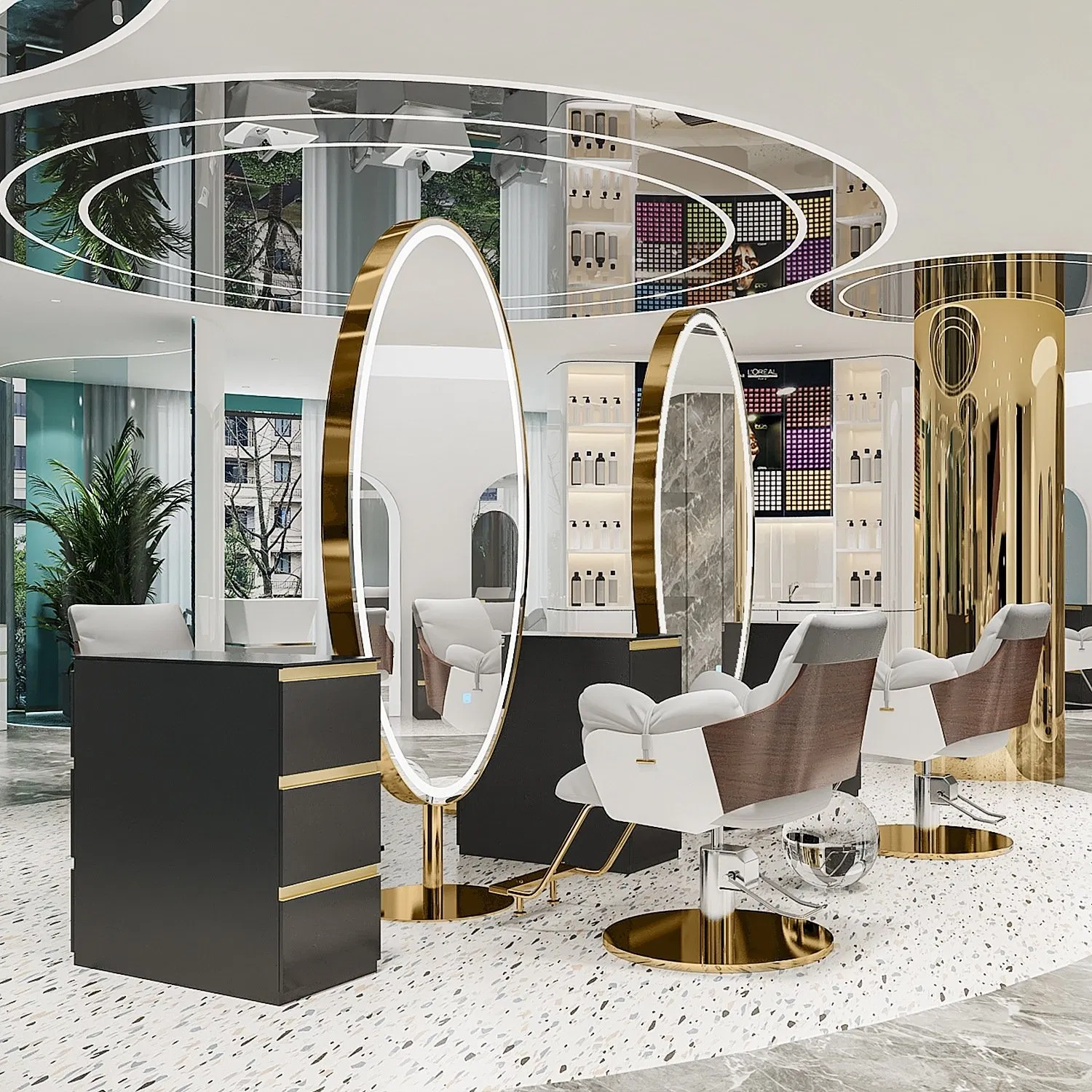 Factory Wholesale Modern Design Luxury Barber Beauty Salon Furniture Gold Mirrors Styling Station with LED