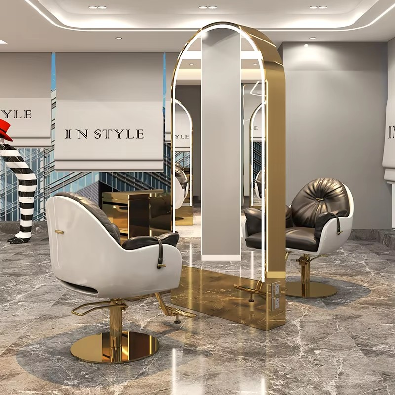 Salon Furniture Barbershop LED Mirror Station Double Sided Floor-to-Ceiling Mirror