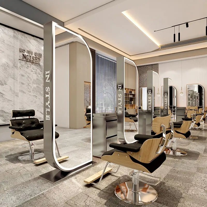 Unique Design Beauty Hair Salon Double Sided Styling Mirror Gold Frame Large Barber Station with LED Light