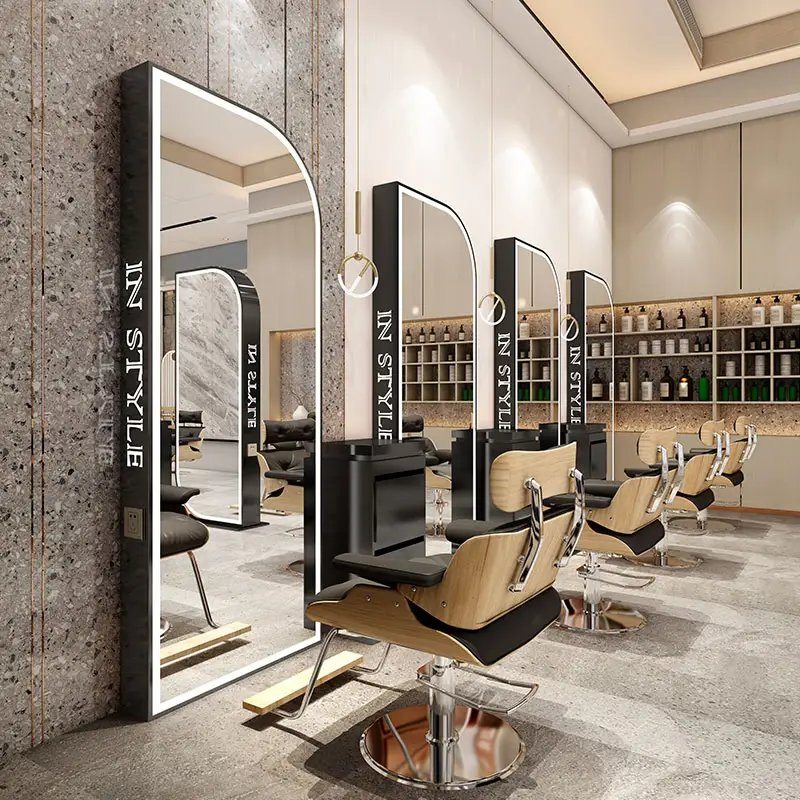Unique Design Beauty Hair Salon Double Sided Styling Mirror Gold Frame Large Barber Station with LED Light