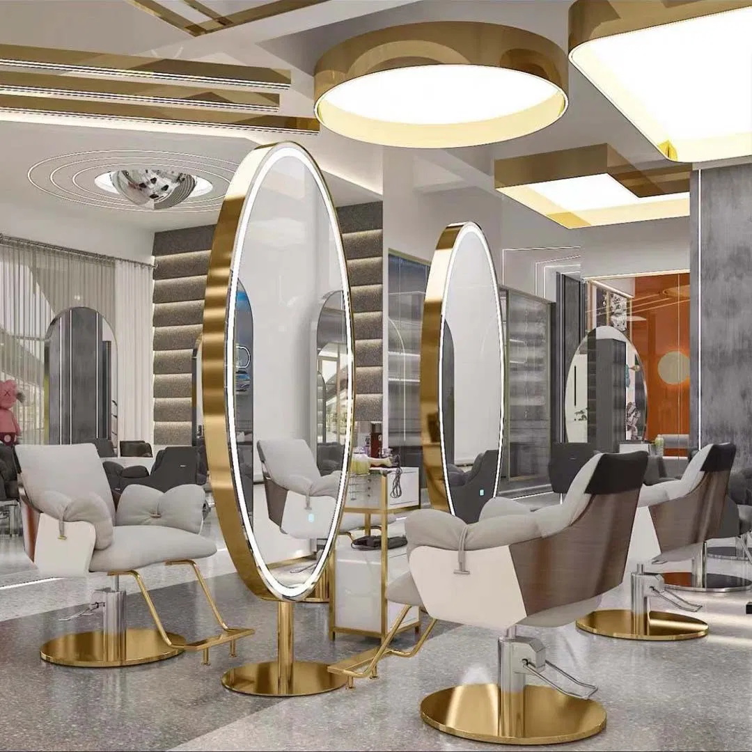 Factory Wholesale Modern Design Luxury Barber Beauty Salon Furniture Gold Mirrors Styling Station with LED