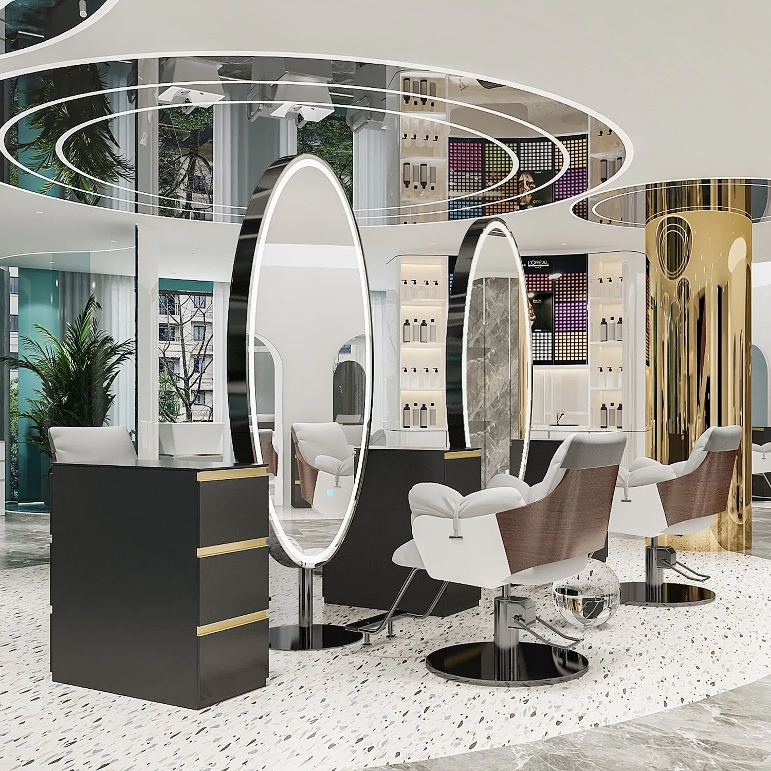Factory Wholesale Modern Design Luxury Barber Beauty Salon Furniture Gold Mirrors Styling Station with LED