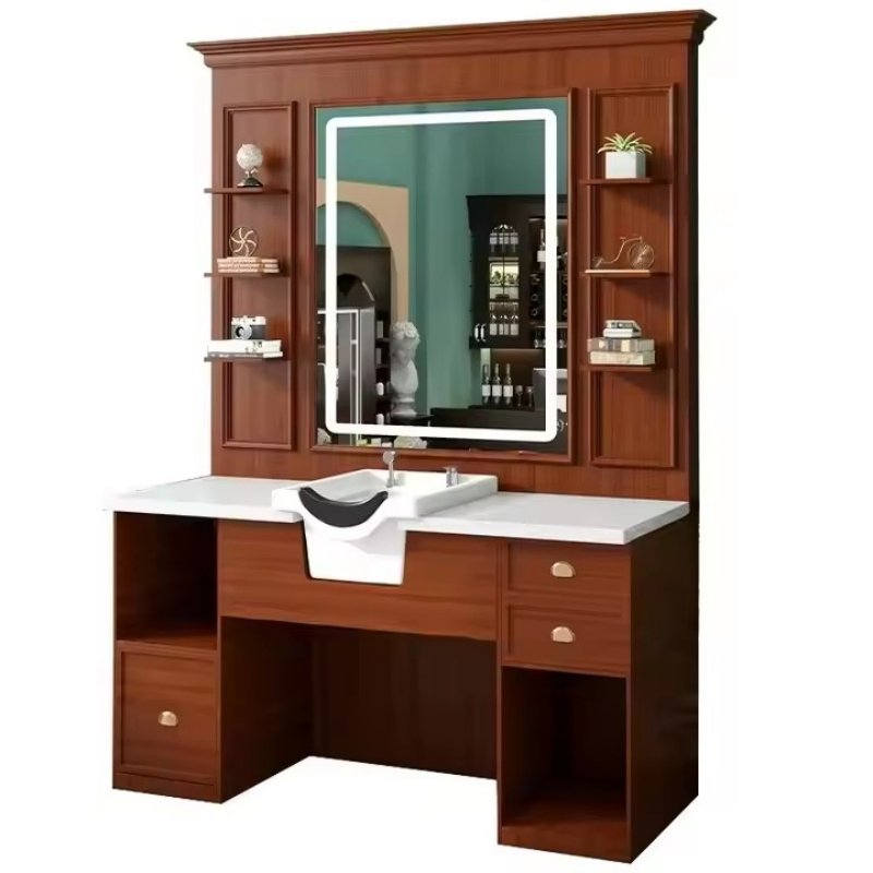 Classic LED Light Black Hairdressing Mirror Station Commercial Styling Station