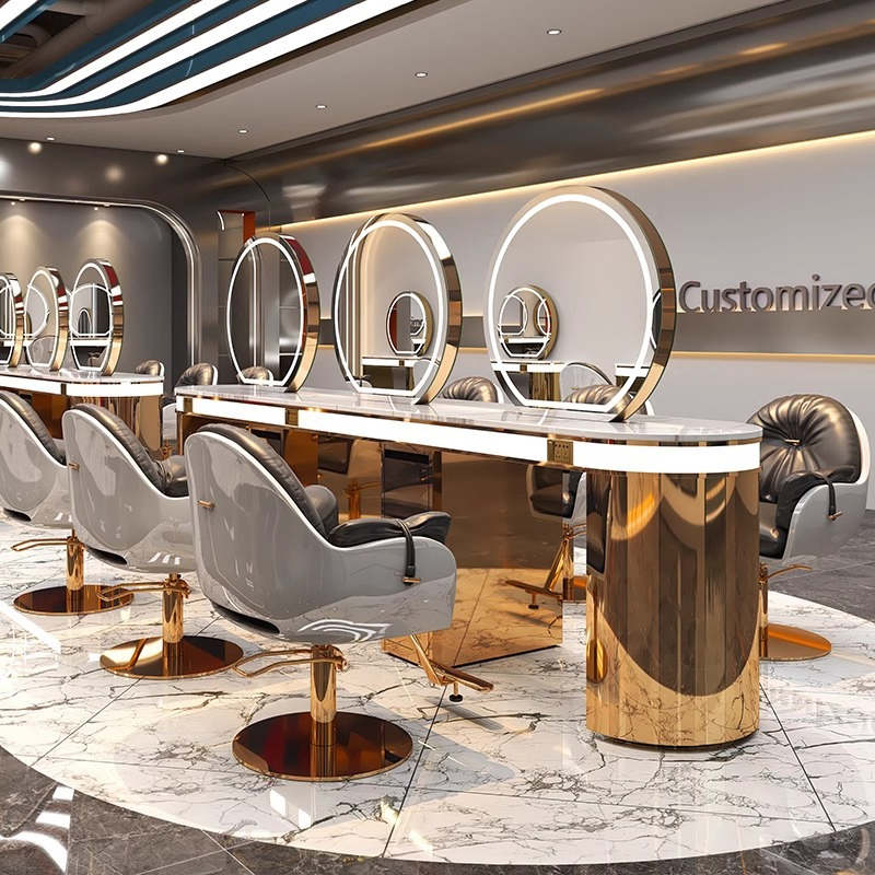 Stainless Steel Frame Hair Salon Equipment Barber Mirror Station with LED Light