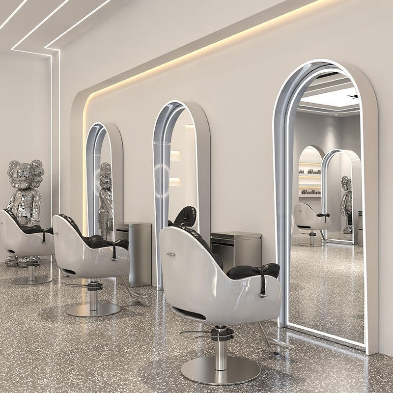 Barber Shop Mirror Stand Hair Salon Special LED with Light Simple European Style Salon Hair Cutting Mirror