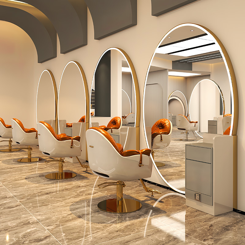 Salon Styling Mirrors Big Oval Double Sided Barber Station with LED Light