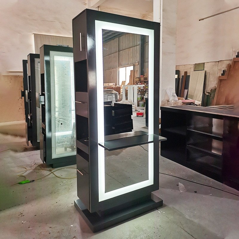 Modern Black Wooden Double Sided Barber Mirror Vintage Salon Equipment Mirror Station with LED Lighting