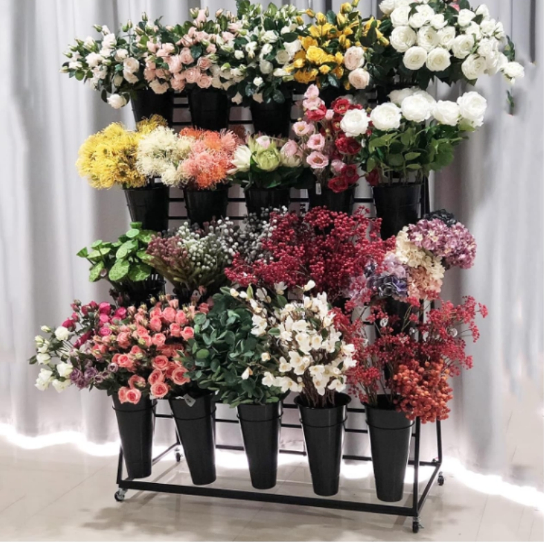 3 Layers Black Metal Plant Stand Flower Display Rack with Wheels