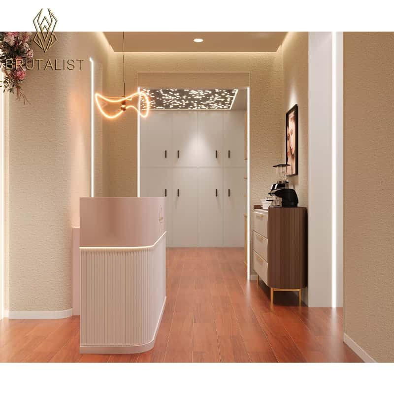 Customizable Hair Salon Furniture Beautiful Wooden LED Lighting Beauty Mirror Station Counter Display