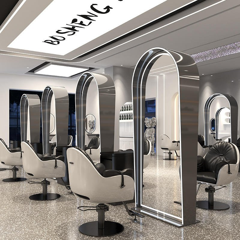 Barber Shop Mirror Stand Hair Salon Special LED with Light Simple European Style Salon Hair Cutting Mirror