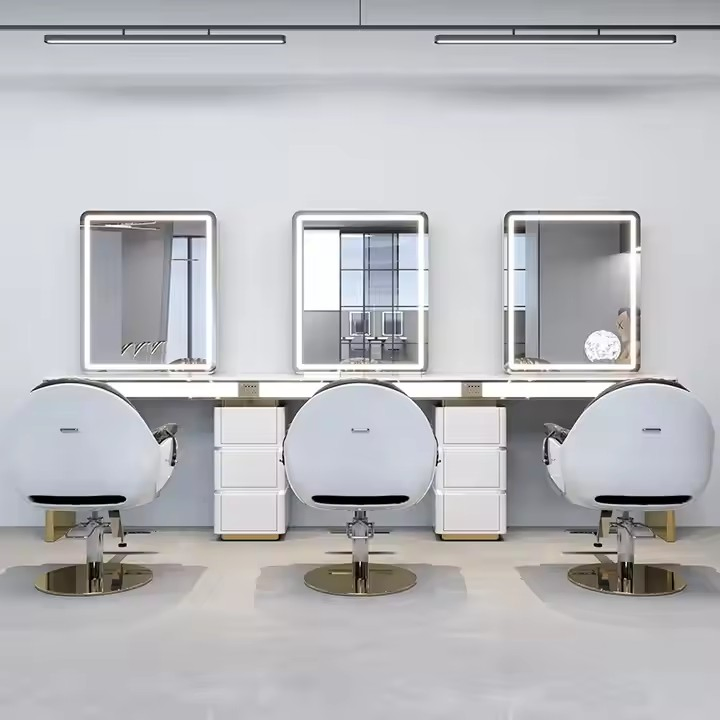 Salon Equipment Beauty Salon Mirror for Hairdresser Barber Mirror Salon Station Single Side Work Station for Three People