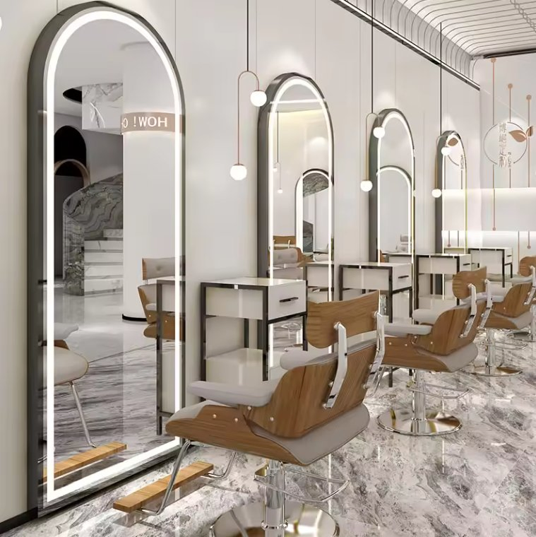 Cheap Oval Hair Salon Mirror Barber Table with LED Lights