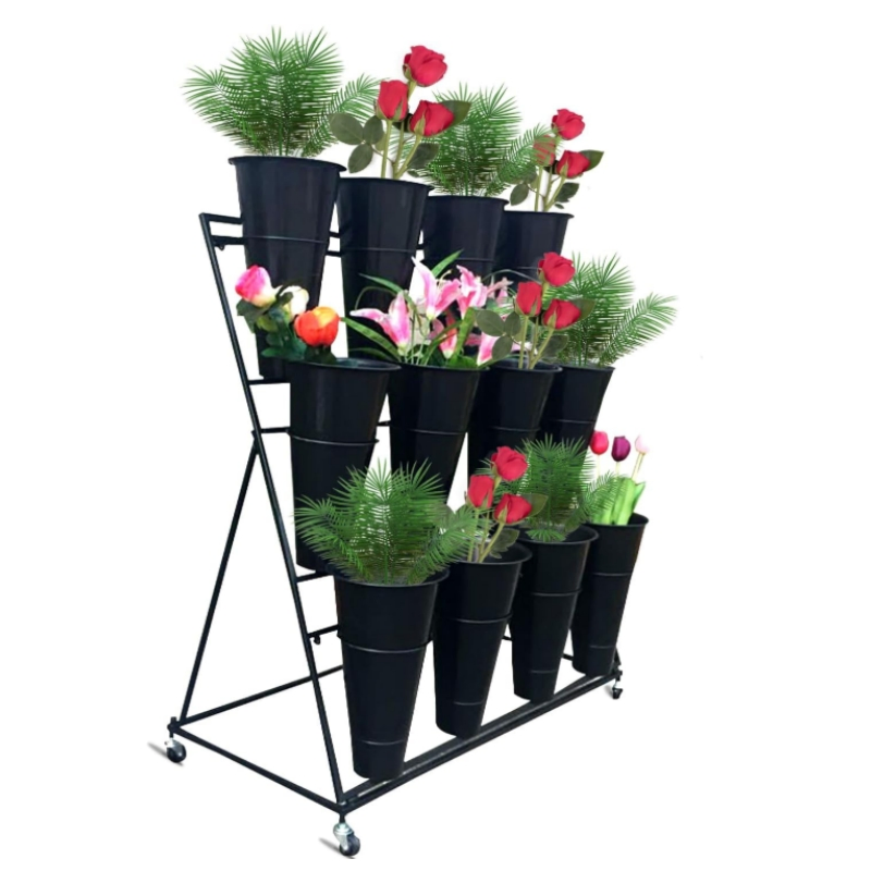 3 Layers Black Metal Plant Stand Flower Display Rack with Wheels