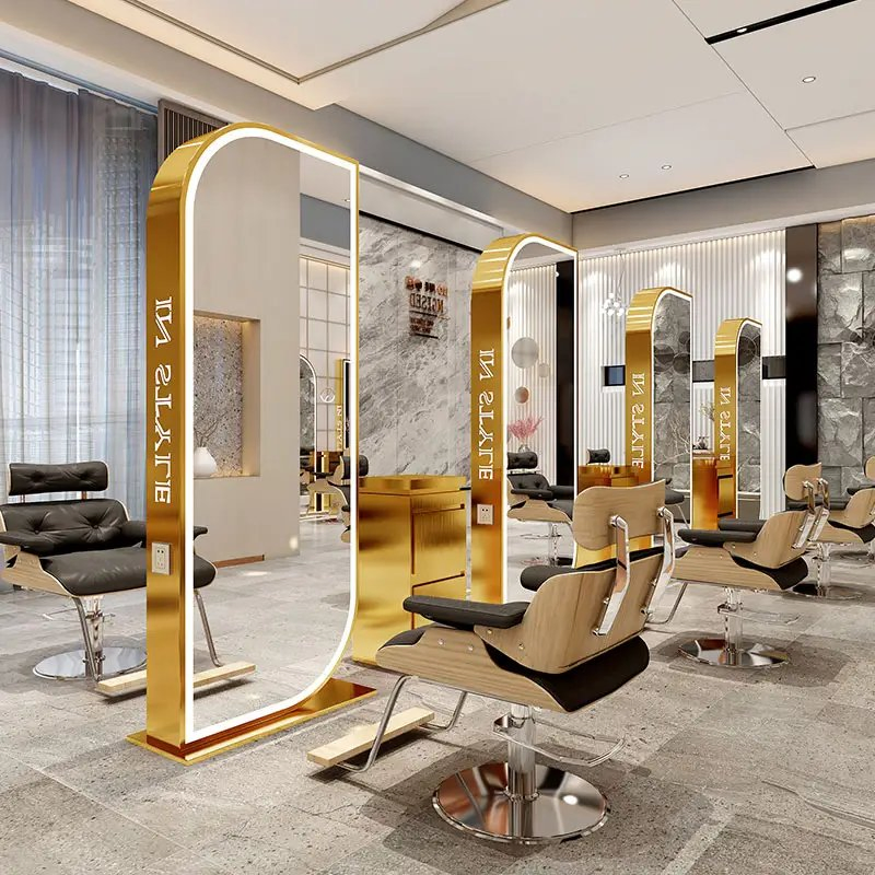 Unique Design Beauty Hair Salon Double Sided Styling Mirror Gold Frame Large Barber Station with LED Light