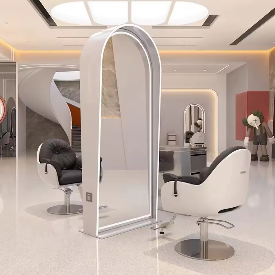 Luxury Modern Design Metal Mirror Barber Station Set LED Wall-Mounted Hair Salon Barber Mirror Stainless Steel Chair Wholesale
