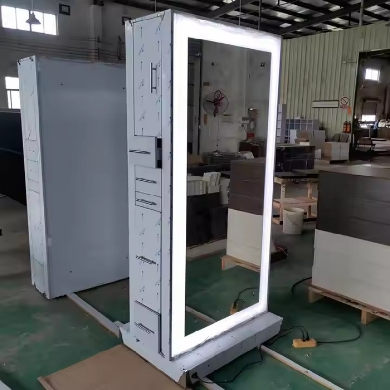 Salon Furniture Stainless Steel with LED Single Sided Standing Mirror Barber Shop