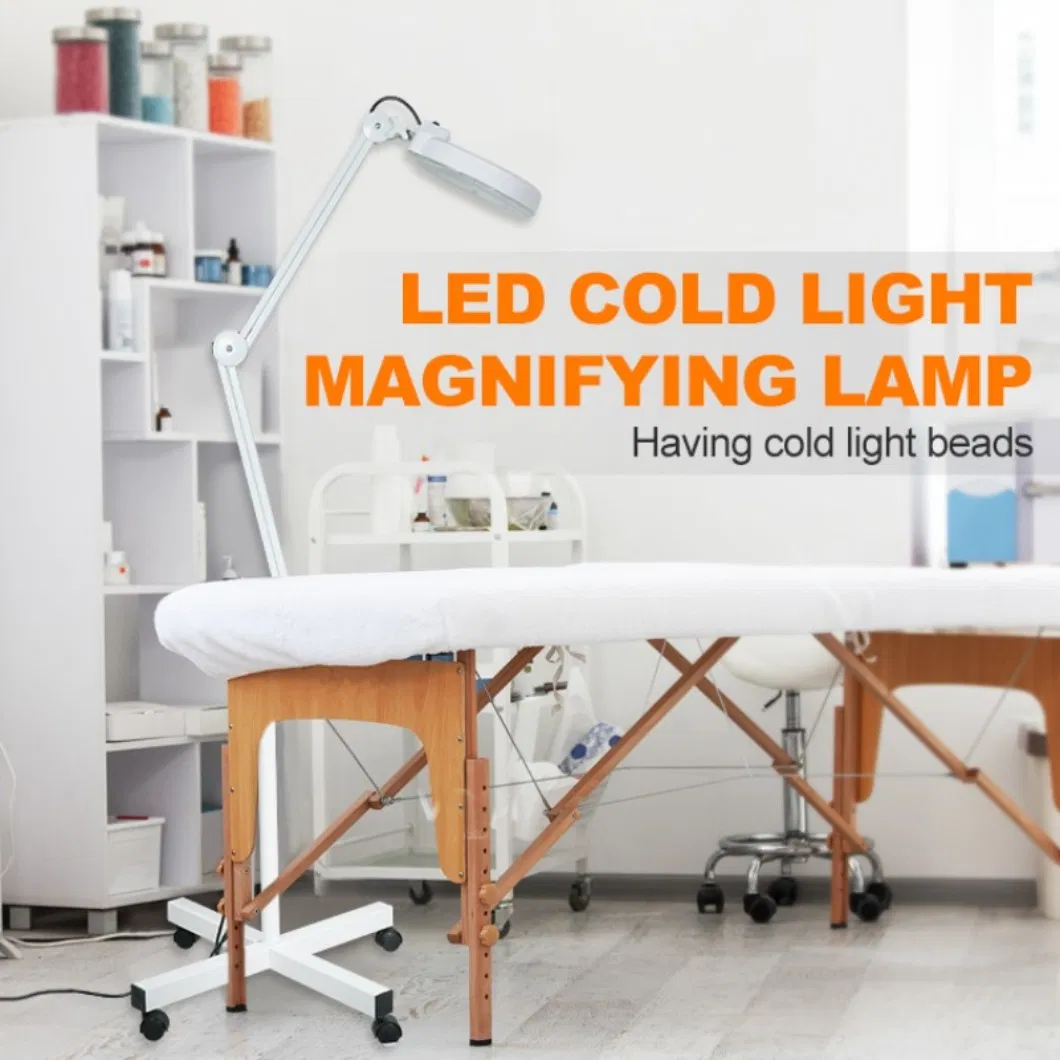 3X5X10X12X Foldable LED Wheel Standing Floor Magnifying Glass Lamp for Manicure Salon