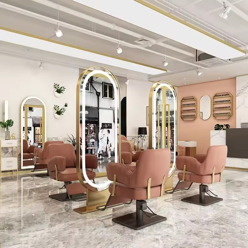 Professional Double-Sided Gold Hairdressing Styling Barber Salon Hair Mirror Station Modern Design for Mall Workshop Application