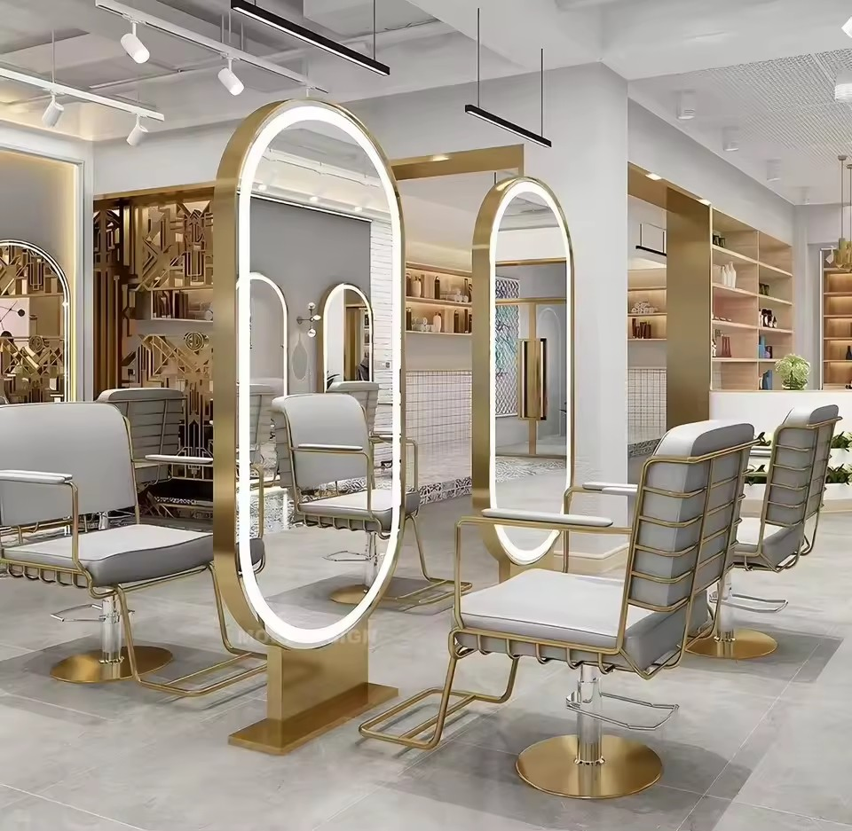 Professional Double-Sided Gold Hairdressing Styling Barber Salon Hair Mirror Station Modern Design for Mall Workshop Application