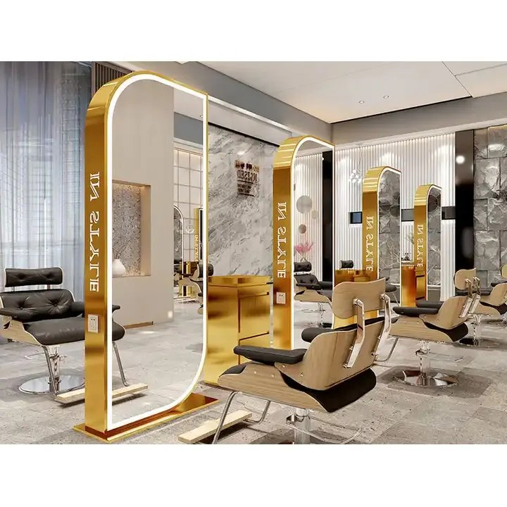 Unique Design Beauty Hair Salon Double Sided Styling Mirror Gold Frame Large Barber Station with LED Light