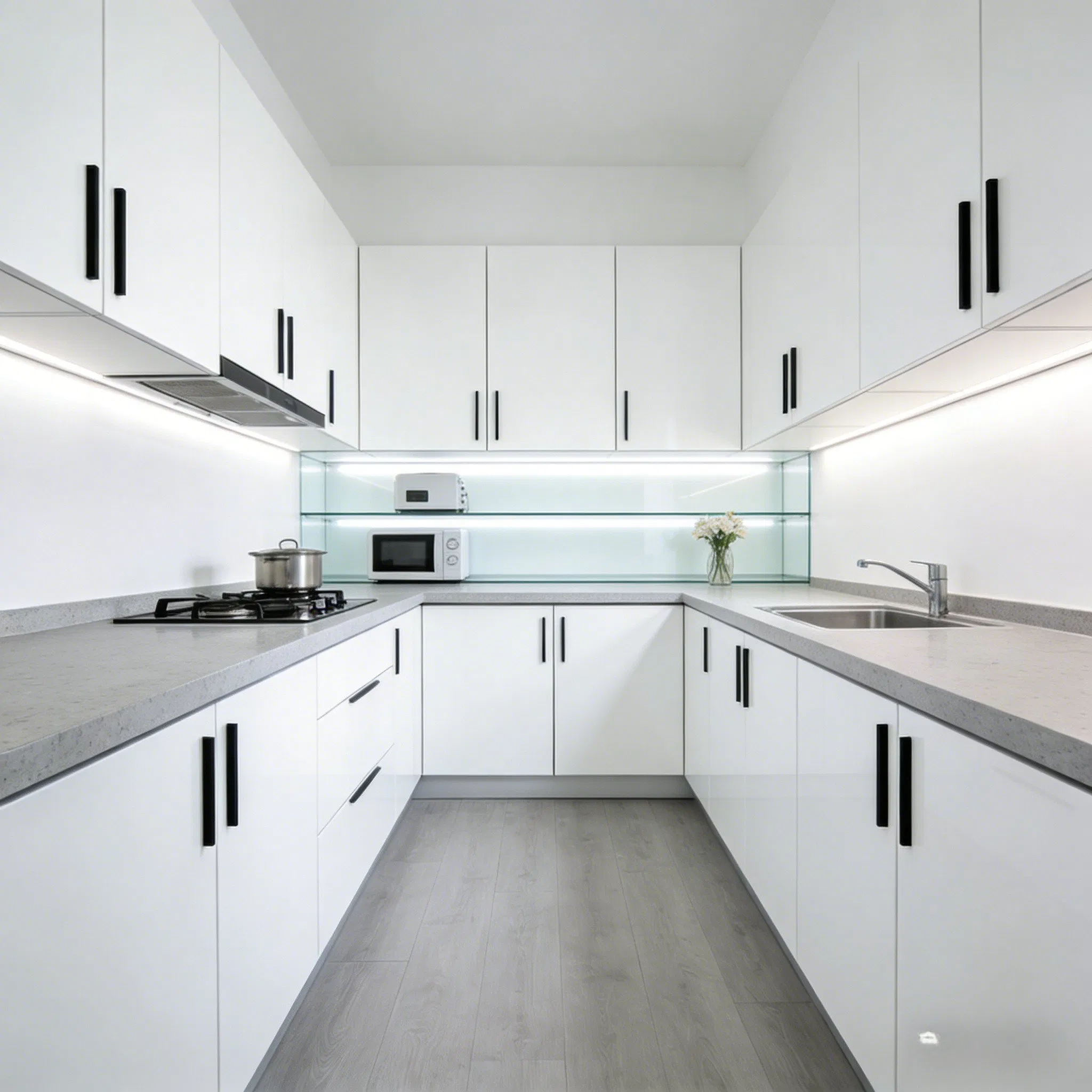 Gabinetes de cocina modernos en gris oscuro con acentos de acero inoxidable, encimera de mármol e isla