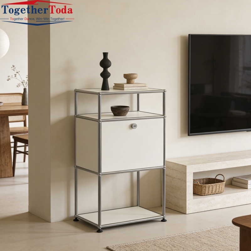 Mesa de extremo modular alta 3-Tier con gabinete de almacenamiento bloqueable y marco de acero inoxidable para espacios pequeños, uso en hoteles y en casa