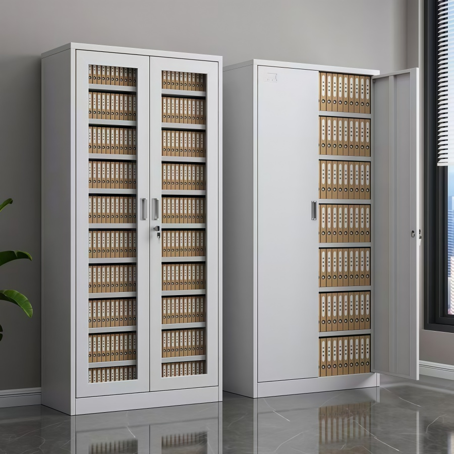 Armario de archivo metálico de doble puerta de vidrio en dos tonos, alto, con estantes interiores ajustables flexibles, almacenamiento práctico y llave individual para documentos de oficina y escuela