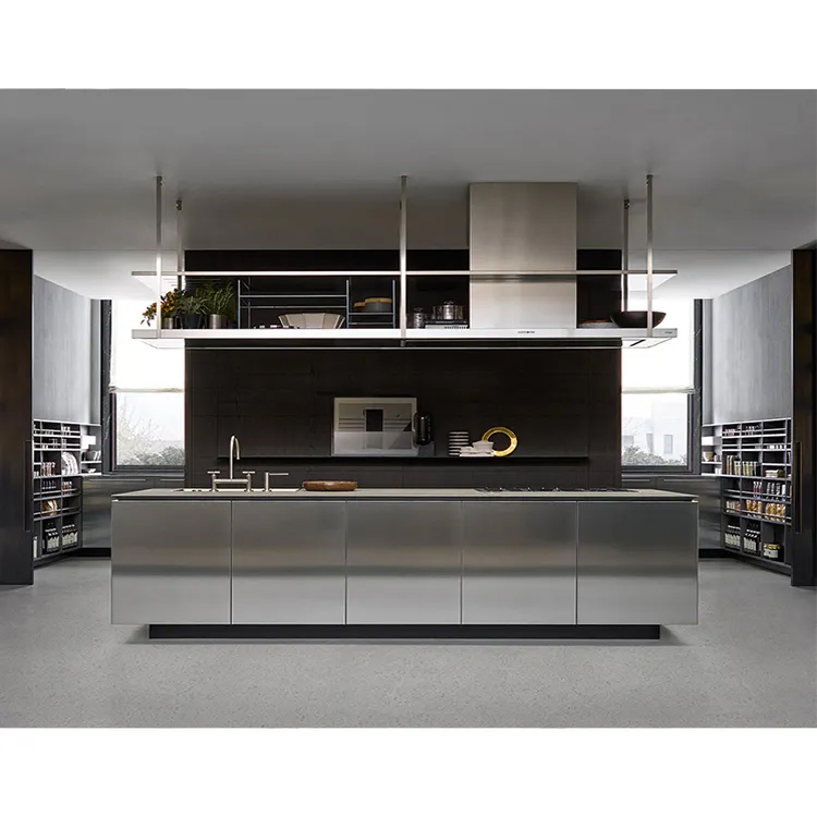 Precio de fábrica personalizado para armarios de cocina modulares de acero inoxidable completo, resistentes al agua, para restaurantes comerciales, con doble fregadero