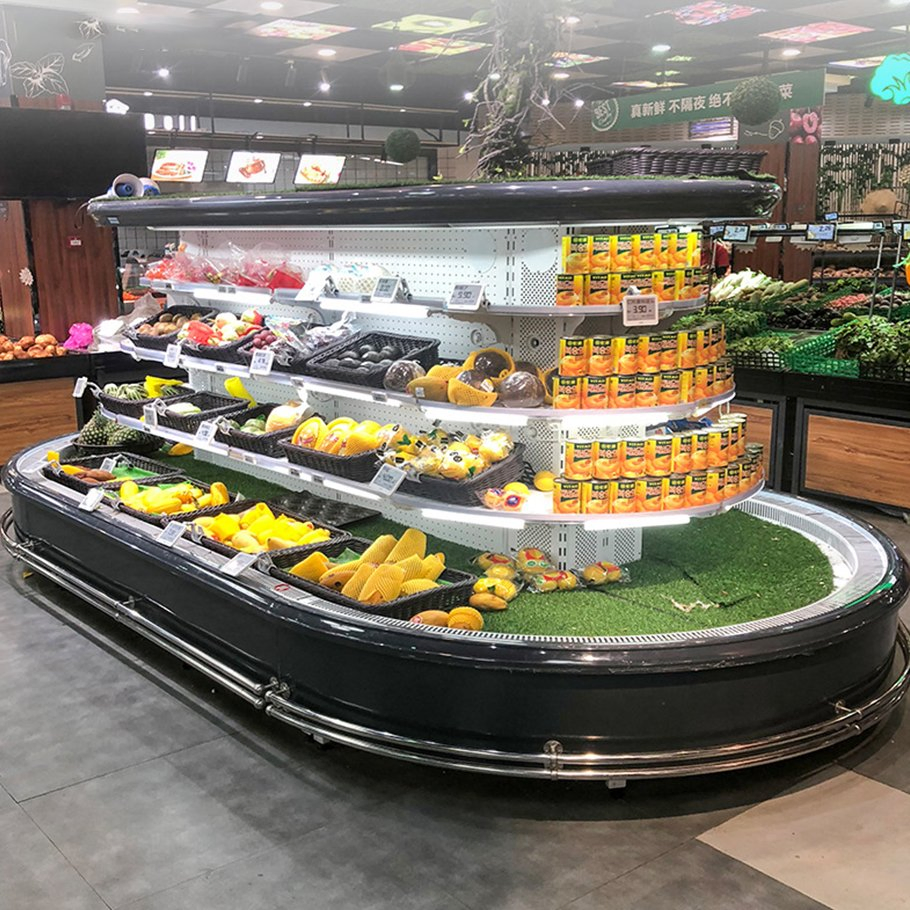 Exhibidor de congelador de cortina de viento de isla, gabinete refrigerado comercial de acero inoxidable para supermercado