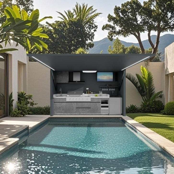Gabinete de cocina exterior de acero inoxidable premium con puerta eléctrica, muebles de exterior, casa de piscina con gabinete de cocina de acero inoxidable para parrilla de gas BBQ