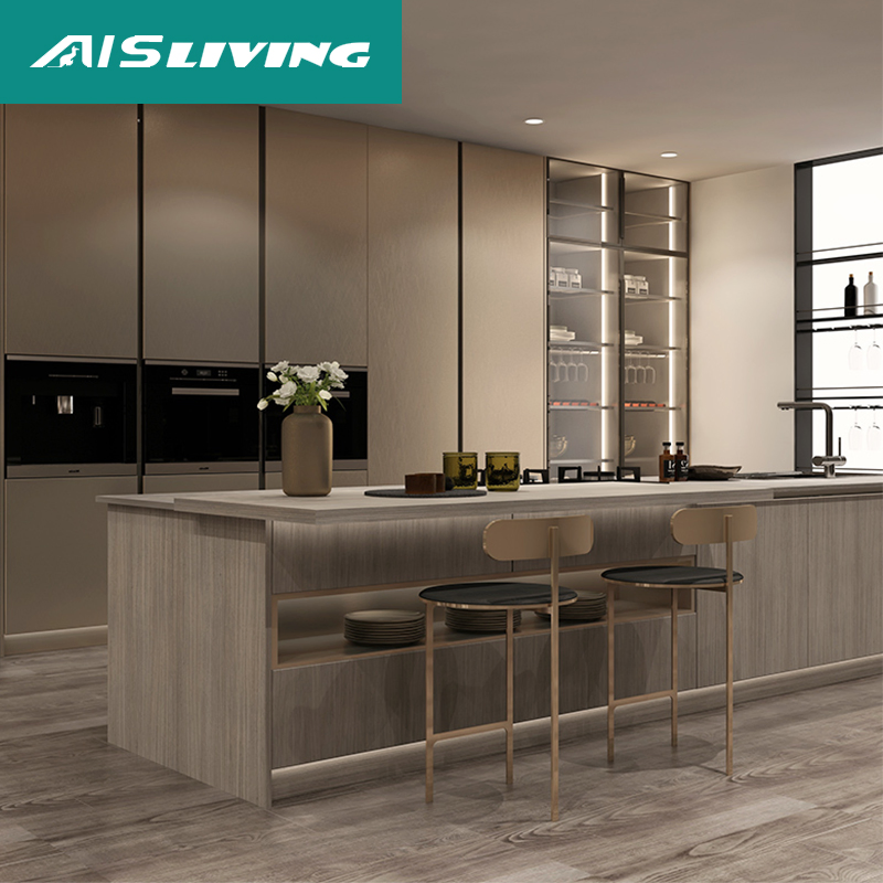 Conjunto de Muebles de Cocina de Carpintería Personalizada Diseño Moderno de Gabinetes de Cocina de Aluminio con Marco de Vidrio en Acero Inoxidable