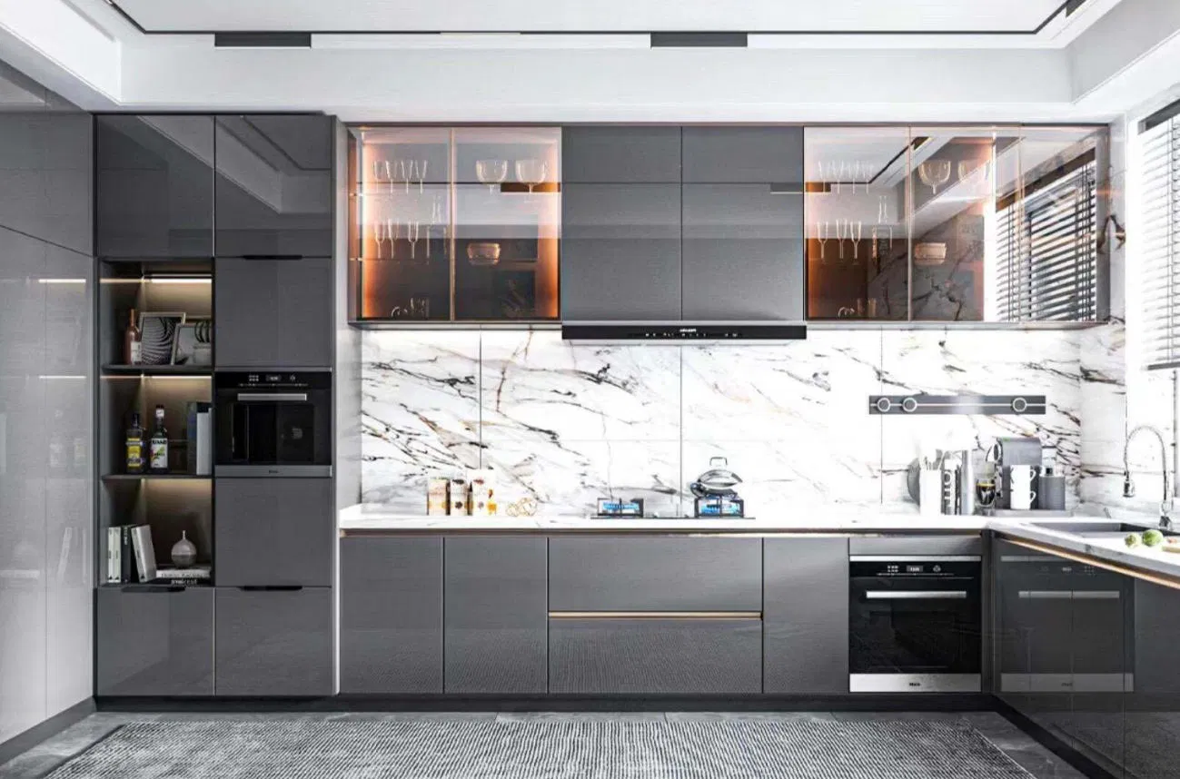 Gabinetes de cocina de acero inoxidable modular moderno para uso en proyectos de isla y despensa en villas