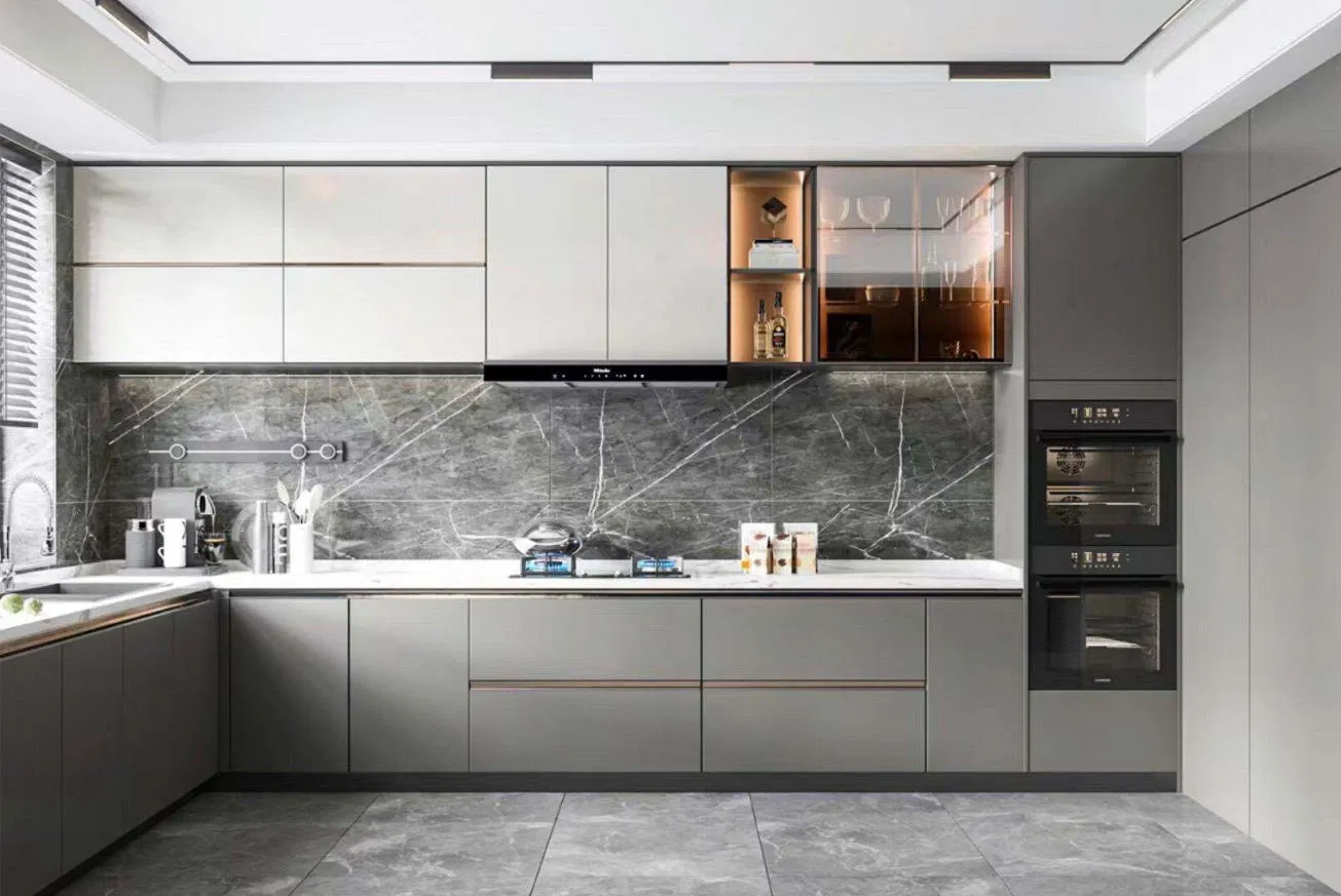 Gabinetes de cocina de acero inoxidable modular moderno para uso en proyectos de isla y despensa en villas