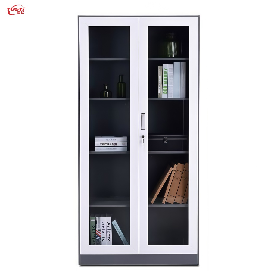 Armario de archivo metálico de doble puerta de vidrio en dos tonos, alto, con estantes interiores ajustables flexibles, almacenamiento práctico y llave individual para documentos de oficina y escuela
