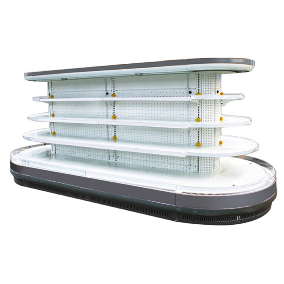 Exhibidor de congelador de cortina de viento de isla, gabinete refrigerado comercial de acero inoxidable para supermercado