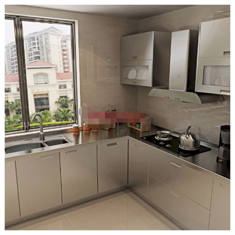 Gabinete moderno de acero inoxidable completo para almacenamiento en la cocina del hogar