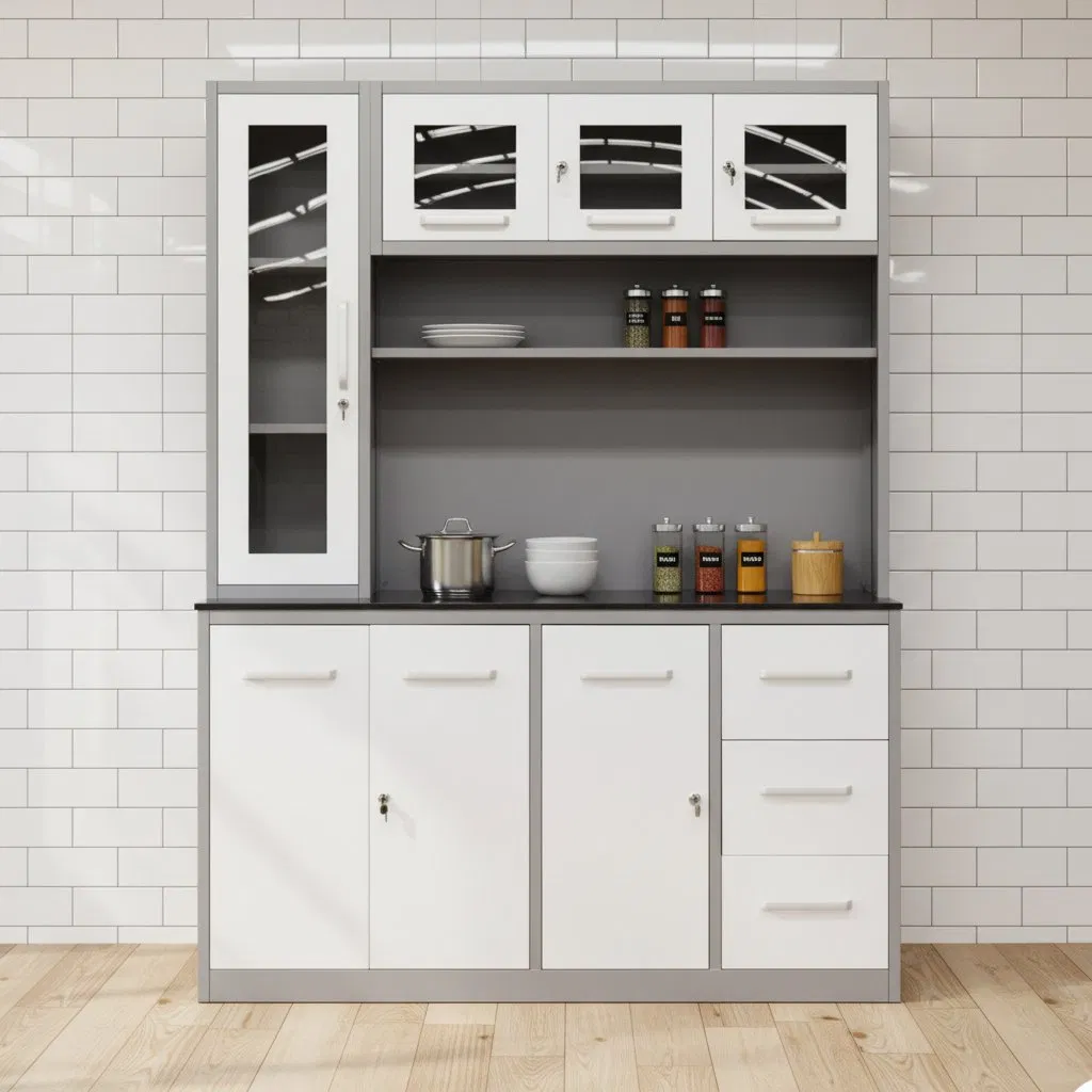 Gabinete de Almacenamiento de Acero Frío Orpheus Grey con Puertas de Acero Inoxidable Diseño Moderno Estructura Modular Característica de Fácil Limpieza