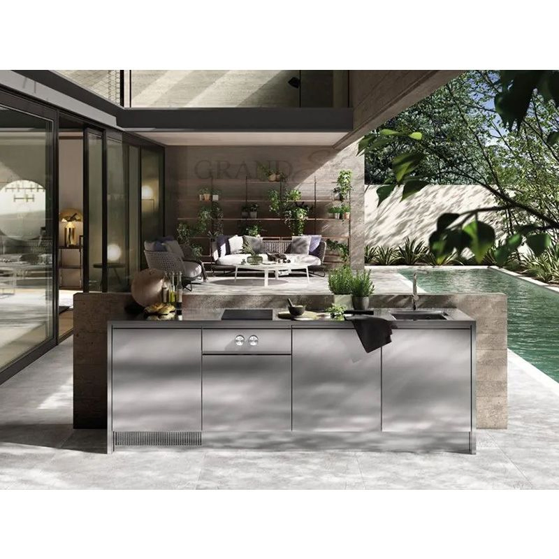 Gabinete de cocina exterior de acero inoxidable de diseño moderno y alto brillo, independiente