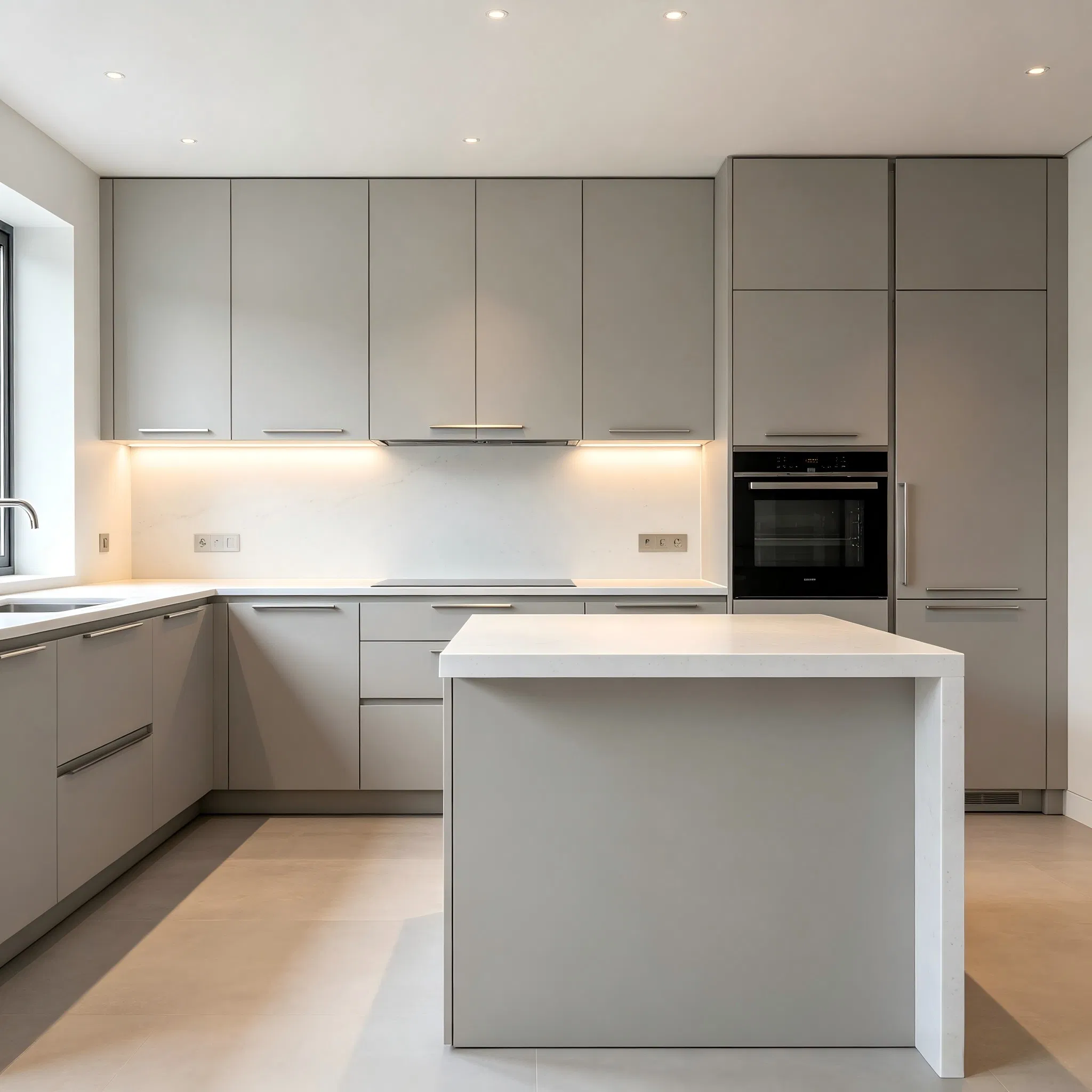 Mueble de cocina de melamina sostenible con chapa de madera, armario de acero inoxidable sin marco Anbangni