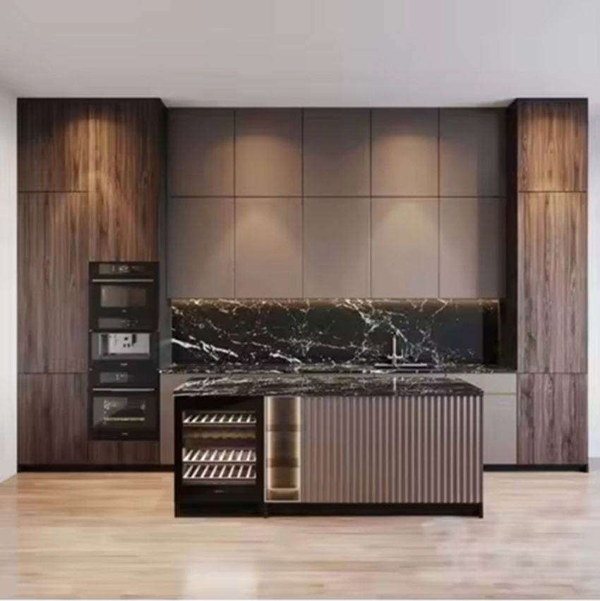 Gabinetes de cocina de metal con isla, conjunto de muebles de acero inoxidable moderno, diseños de gabinetes de cocina de aluminio modulares, fabricados en China