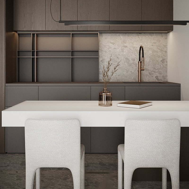 Muebles de cocina de lujo al por mayor, puertas de vidrio modernas de madera maciza con acabado brillante, encimeras de acero inoxidable, isla de exhibición, bisagra de gabinete