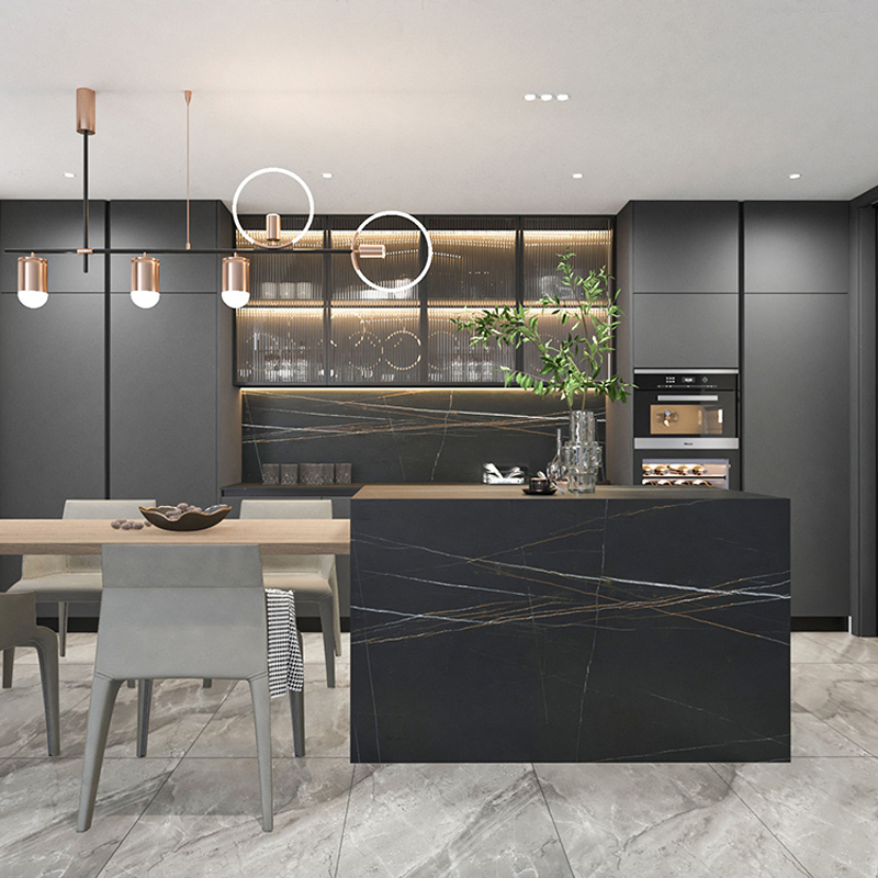 Precio Bajo Mayorista 75 "Gabinete de Bar de Cocina de Acero Inoxidable Negro Personalizado con Vidrio Esmerilado y Sensor de Movimiento